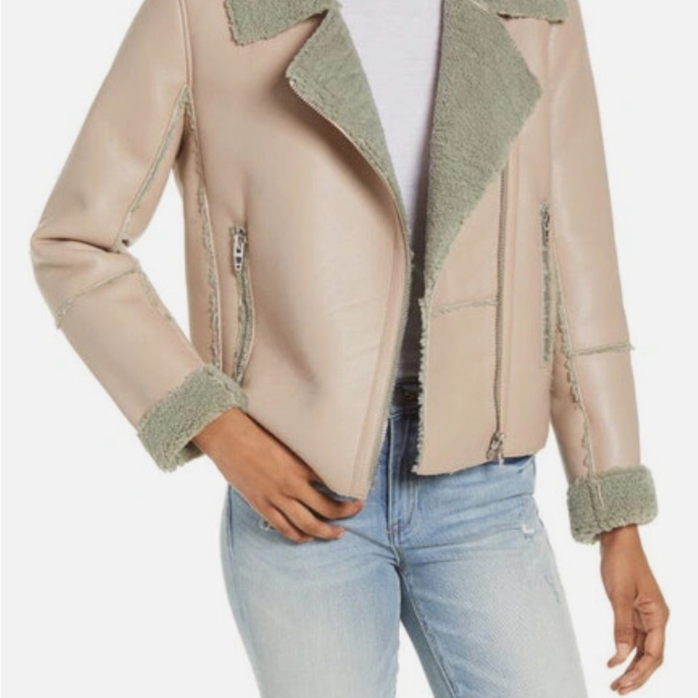 BLANKNYC Bonded Faux Shearling Moto Jacket In Herbal Refreshment, Size Small